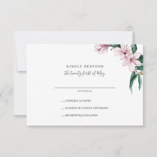 Geschilderde Magnolia en bladeren Zilver   Bruilof RSVP Kaartje