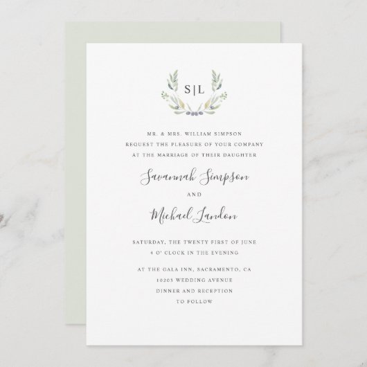 Geschilderde olijfolie en verlaat formele monogram kaart (Voorkant / Achterkant)