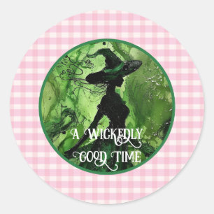 Geschilderde ondeugend goede heks roze geruite sto ronde sticker