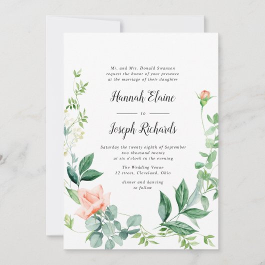 Geschilderde perzik bloemengroen bruiloft kaart (Voorkant)