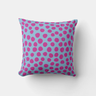 Geschilderde Polka Dots Lichtblauw Fuchsia Roze Kussen