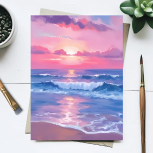 Geschilderde Roze Oceaan Kust Waterverf Pastel Briefkaart