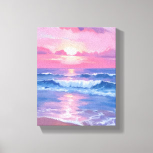 Geschilderde Roze Oceaan Kust Waterverf Pastel Canvas Afdruk