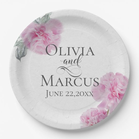 Geschilderde roze pioenen op rijst papier textuur papieren bordje (Voorkant)