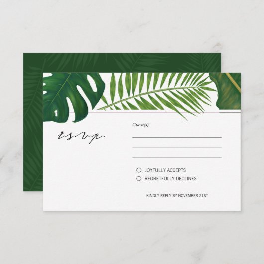 Geschilderde tropische bladeren strand bruiloft RSVP kaartje (Voorkant / Achterkant)