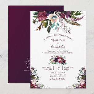 Geschilderde Waterverf Bourgondië Floral Wedding Kaart