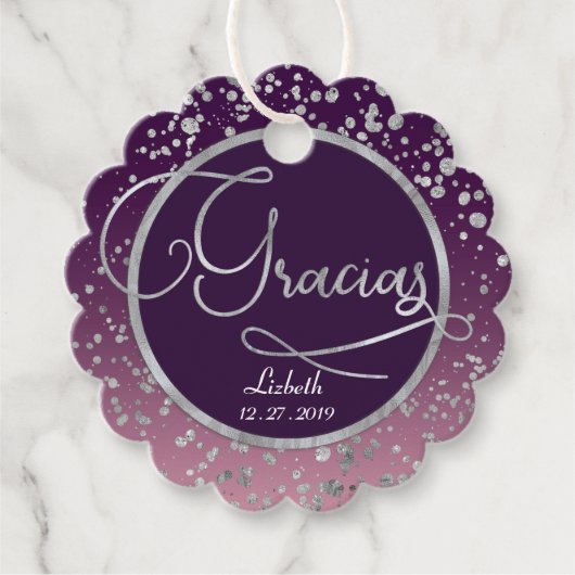 Geschulpte Cirkel Gracias Nota, Zilver Dank u Bedankjes Labels (Voorkant)