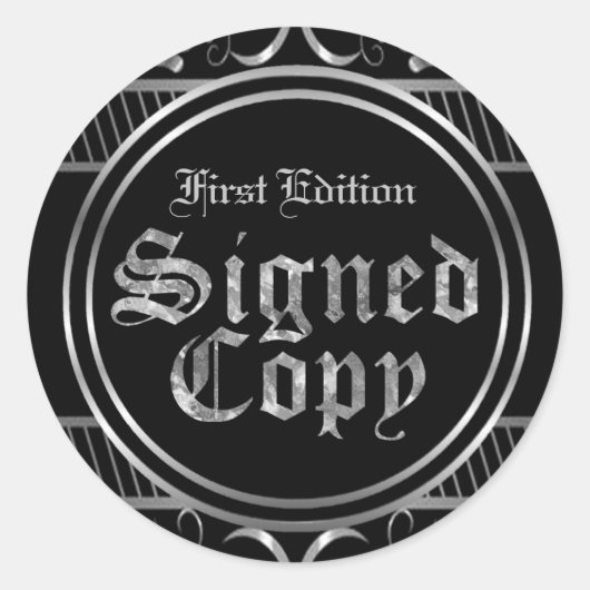 Gesigneerd exemplaar zwart en zilver gotisch ronde sticker (Voorkant)