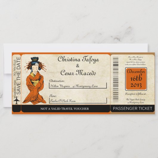 Gesiha Boarding Pass Wedding Invitation Kaart (Voorkant)