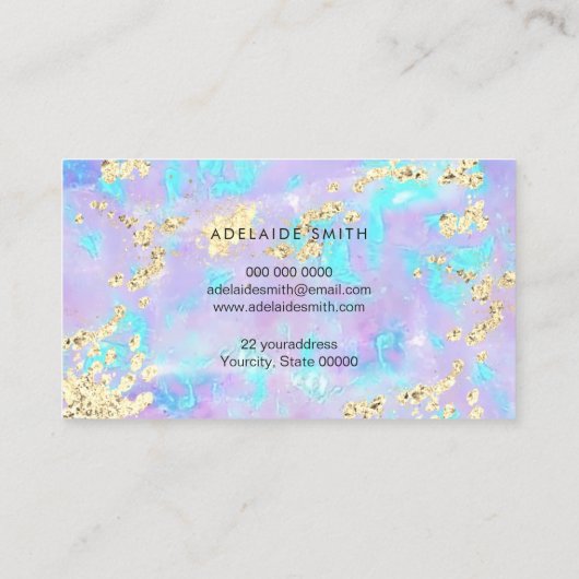 gesimuleerd glitter op faux iridescent paars opal visitekaartje (Achterkant)