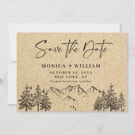 Gesimuleerde Kraft Paper Hand Drawn Mountain Weddi Save The Date (Voorkant)