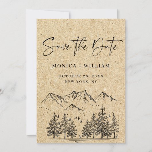 Gesimuleerde Kraft Paper Hand Drawn Mountain Weddi Save The Date (Voorkant)