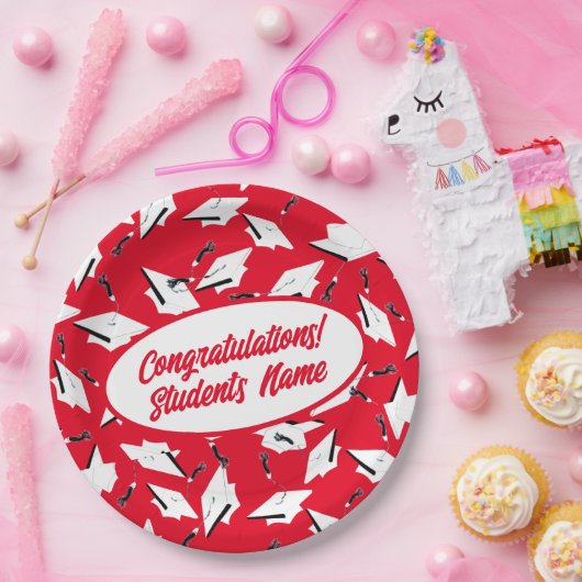 Geslaagd Caps Rood en Wit Gepersonaliseerde Partij Papieren Bordje (Feest)