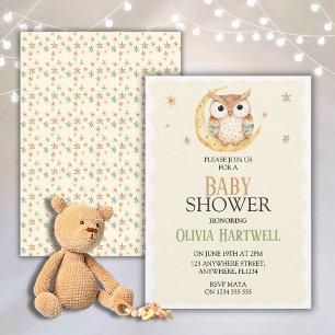 Geslacht Neutrale Uil & Maan Baby Shower Uitnodig Kaart