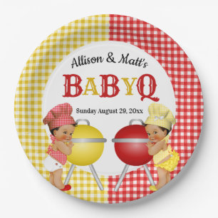 Geslacht Onthulde Rode Gele Gingham Baby Q BBQ Papieren Bordje