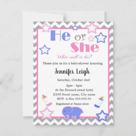 Geslacht onthullen baby shower dat hij of zij baby kaart (Voorkant)