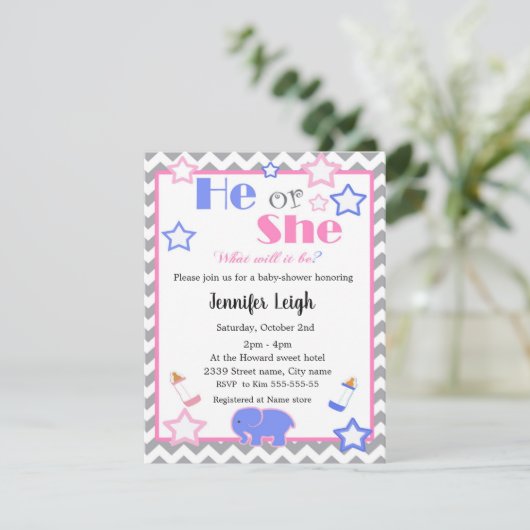 Geslacht onthullen baby shower dat hij of zij baby kaart (Staand voorkant)