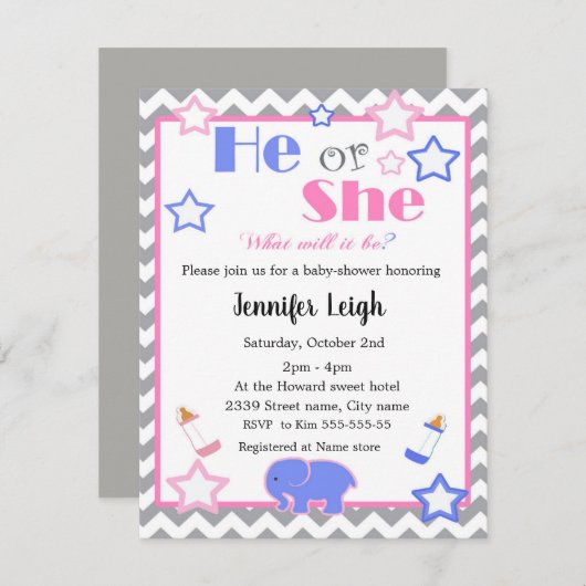 Geslacht onthullen baby shower dat hij of zij baby kaart (Voorkant / Achterkant)