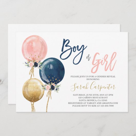 Geslacht onthullen ballonnen uitnodiging (Voorkant / Achterkant)