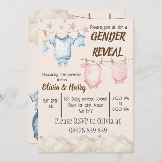 Geslacht onthullen kledinglijn uitnodiging (Voorkant / Achterkant)