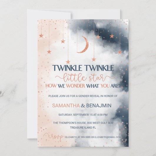 Geslacht onthullen uitnodiging, Blush Pink en Navy Kaart (Voorkant)