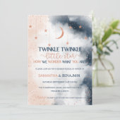 Geslacht onthullen uitnodiging, Blush Pink en Navy Kaart (Staand voorkant)