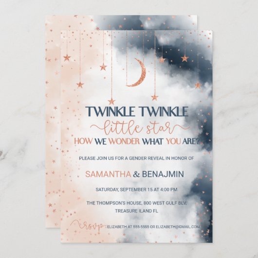 Geslacht onthullen uitnodiging, Blush Pink en Navy Kaart (Voorkant / Achterkant)