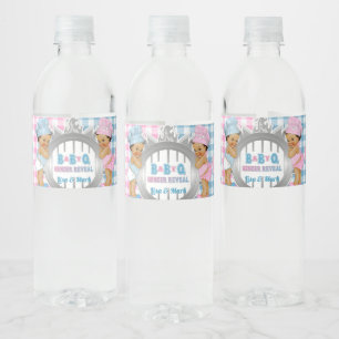 Geslacht onthulling Roze Blauw Gingham Baby Q BBQ Waterfles Etiket