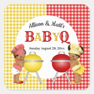 Geslacht Rood Geel Gingham Baby Q BBQ Vierkante Sticker