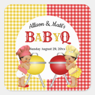 Geslacht Rood Geel Gingham Baby Q BBQ Vierkante Sticker