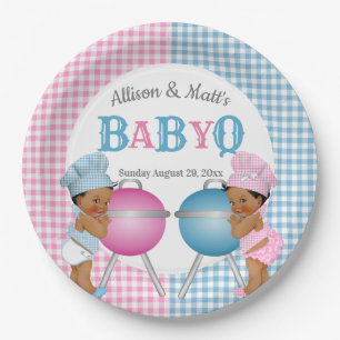 Geslacht Roze Blauw Gingham Baby Q BBQ Papieren Bordje