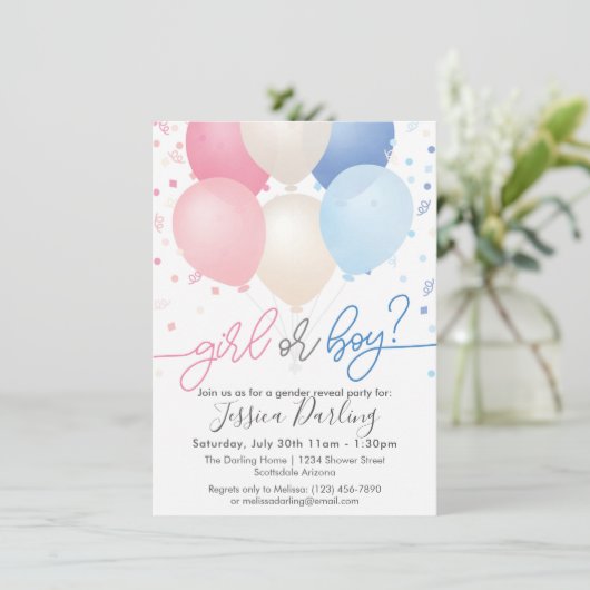 Geslacht Roze en Blauwe Balloons en Confetti onthu Kaart (Staand voorkant)