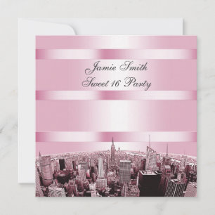 Geslepen NYC-silhouet 2 Zwart Roze Sweet 16-feest Kaart