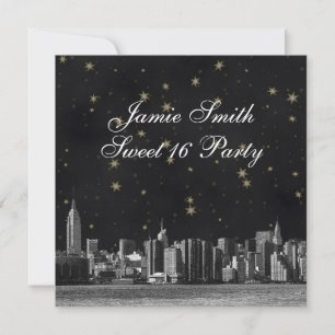 Geslepen NYC-silhouet #3 Zwart Goud Ster Sweet 16 Kaart