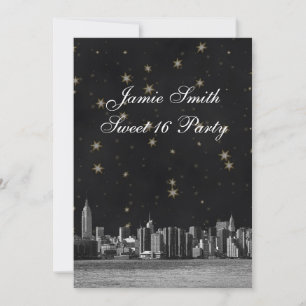 Geslepen NYC-silhouet #3 Zwart Goud Ster Sweet 16 Kaart