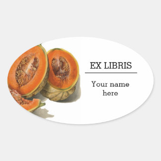 Gesneden cantaloupe meloen illustratie ex libris ovale sticker