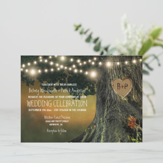 Gesneden Grootvader Eikenboom Huwelijksuitnodiging Kaart (Staand voorkant)