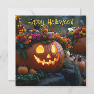 Gesneden Halloween pompoenen versierd met bloemen Feestdagenkaart