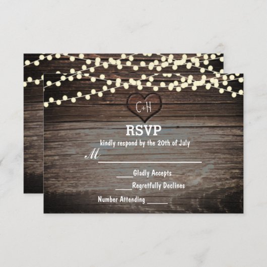 Gesneden Hart in Hout & String Lights Rustieke RSV RSVP Kaartje (Voorkant / Achterkant)