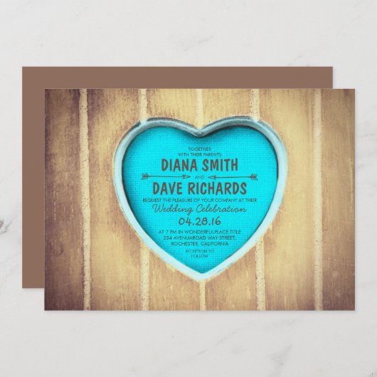 Gesneden Hart Rustiek Hout Uitnodiging voor de bru (Voorkant / Achterkant)