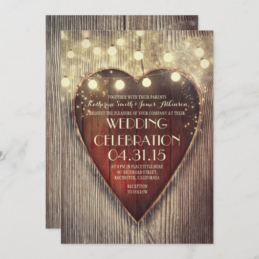 Gesneden Hart String Lichten Houten Huwelijksuitno Kaart (Voorkant / Achterkant)