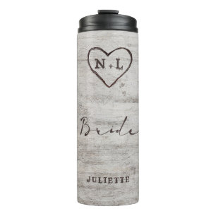 Gesneden Hartjes Rustieke Boom Monogram Bruid Thermosbeker
