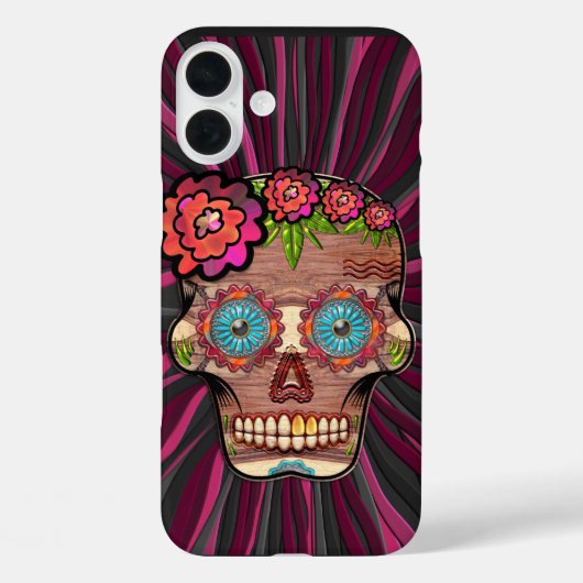 Gesneden-hout-look suikerschedel w / Floral Crown Case-Mate iPhone Case (Achterkant)