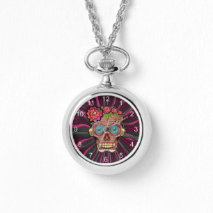 Gesneden-hout-look suikerschedel w / Floral Crown Horloge
