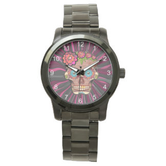 Gesneden-hout-look suikerschedel w / Floral Crown  Horloge