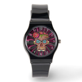 Gesneden-hout-look suikerschedel w / Floral Crown  Horloge