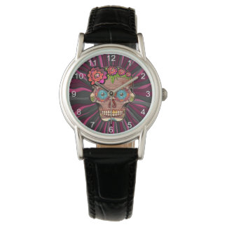 Gesneden-hout-look suikerschedel w / Floral Crown  Horloge