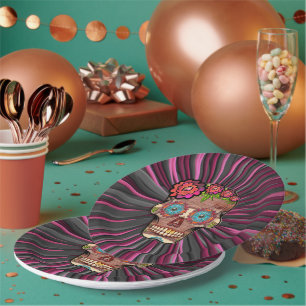 Gesneden-hout-look suikerschedel w / Floral Crown Papieren Bordje