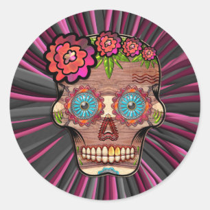 Gesneden-hout-look suikerschedel w / Floral Crown Ronde Sticker