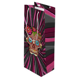 Gesneden-hout-look suikerschedel w / Floral Crown Wijn Cadeautas